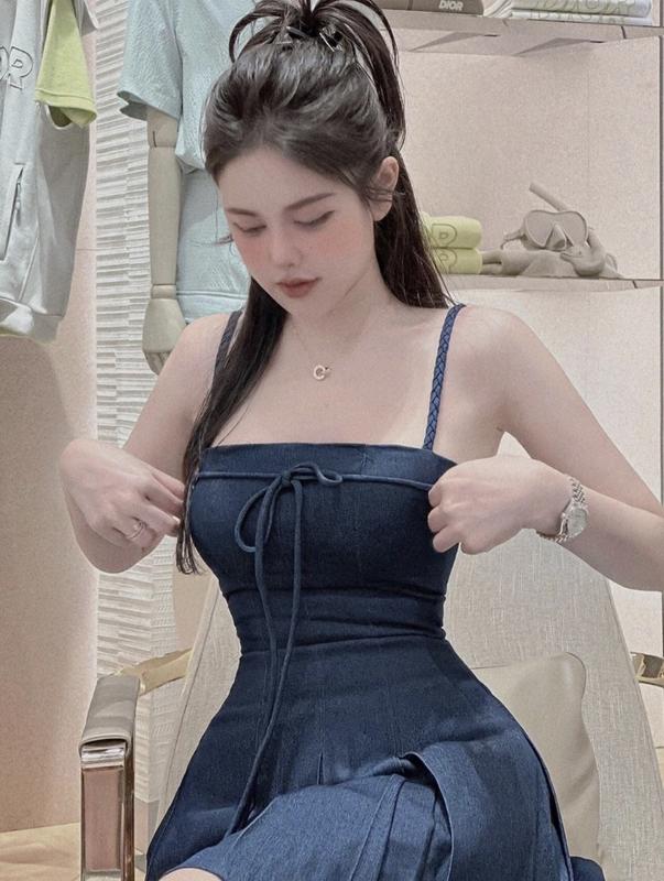 Váy nữ jean 2 dây dáng xòe tiểu thư tôn dáng xinh xắn dự tiệc, đi chơi