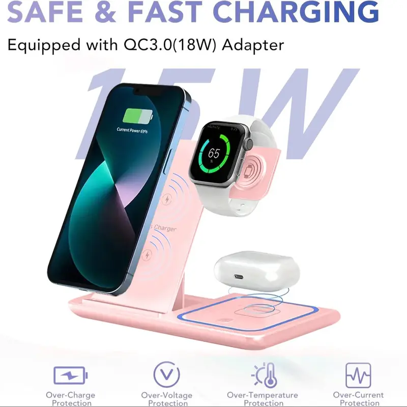 3 in 1 Wireless Fast Charging Stand, 15W Wireless Intelligent Identification Charger, Foldable Storage Travel Charger for Desktop Office Business Trip 2