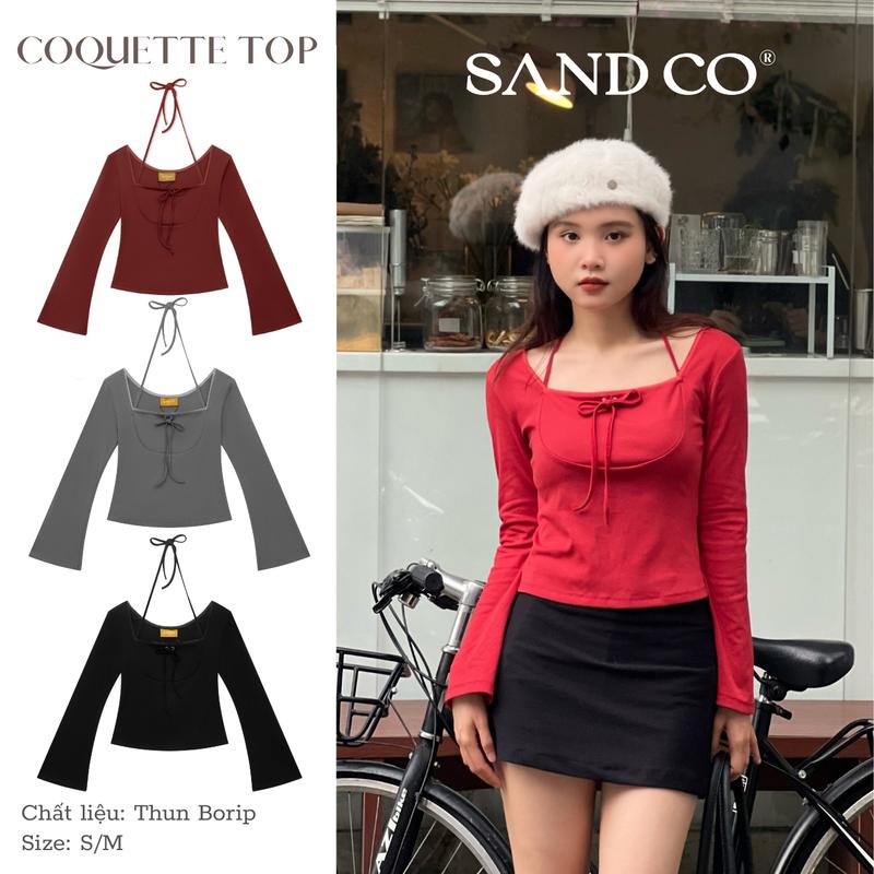 SAND Áo thun nữ tay dài ống loe cổ vuông phối ren có dây buộc nơ co dãn dáng ôm - SAND COQUETTE TOP ( mua sản phẩm tặng kèm dây buộc nơ)