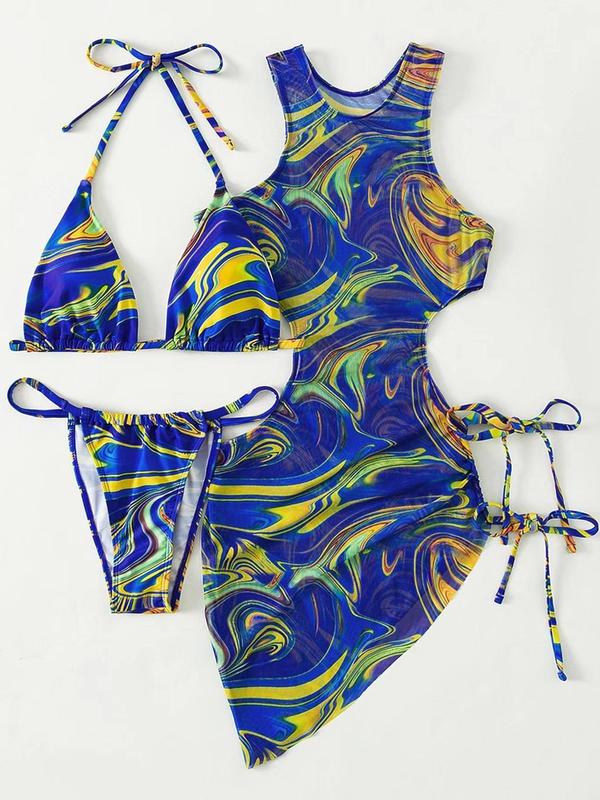 Women's All over Print Cut out Triangle Bikinis for Summer 2024, Drawstring Tie Back Halter Neck High Cut Swimwear Set for Summer, Swimsuit for Beach Holiday 6