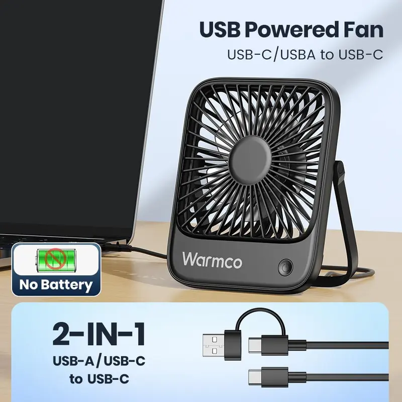 WARMCO WARMCO USB Desk Fan, USB C Corded Powered Personal Fan, 3 Speeds Wind Small USB Desktop Fan with 180° Tilt Folding for Office Table Home 2