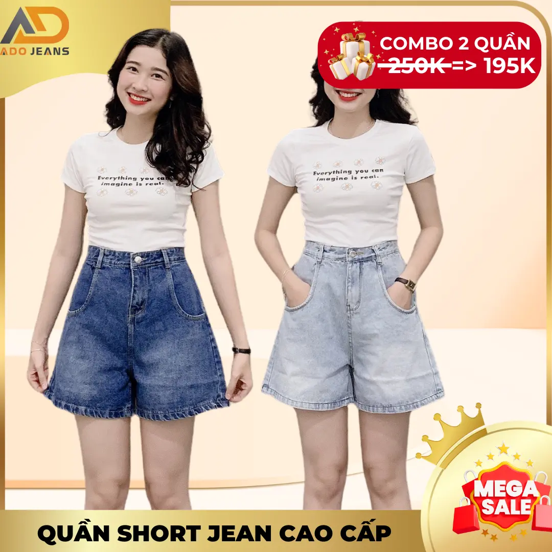 Quần đùi jean nữ lưng cao, ống rộng có  form chữ A xinh xắn Pants Women Ong