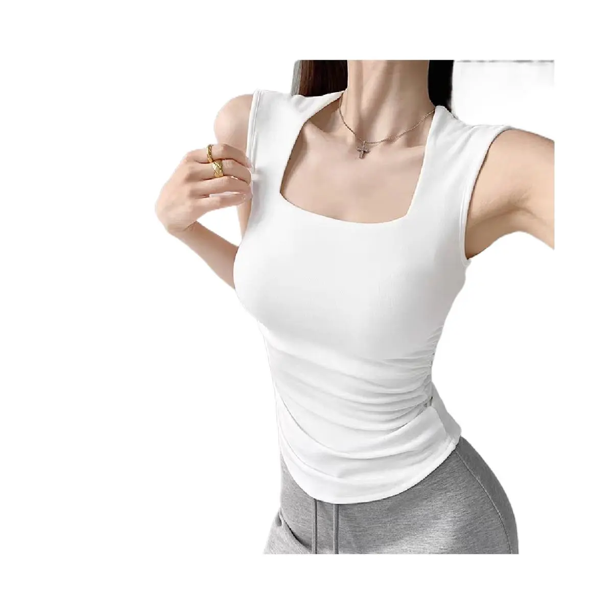 European and American Style Sexy Square Neck Ruched Slim Fit Slimming Base Layer with Chest Pad Women's T-Shirt