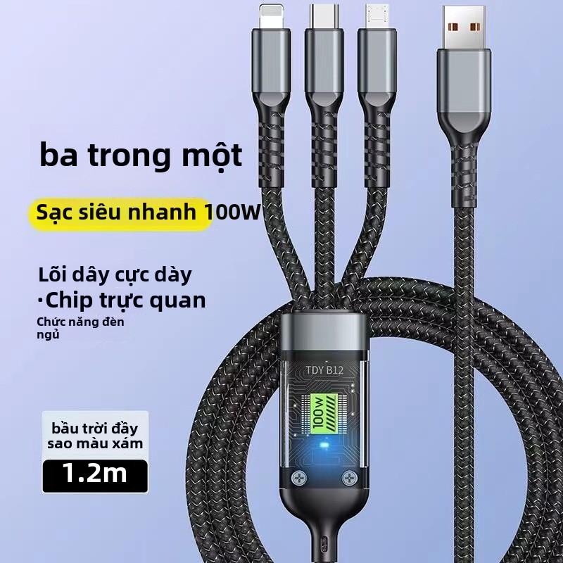 Cáp dữ liệu sạc nhanh, 100W, trong suốt, màn hình kỹ thuật số phát sáng, 3 trong 1, một kéo ba, Bán Chạy 5