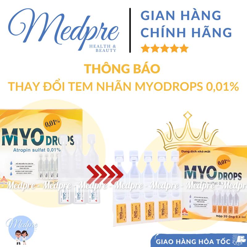 Dung dịch nhỏ mắt MYODROPS 0,01 (Atropin 0,01%) - Làm chậm và kiểm soát quá trình tăng độ cận - Hộp 4 vỉ 20 tép - Medpre 2