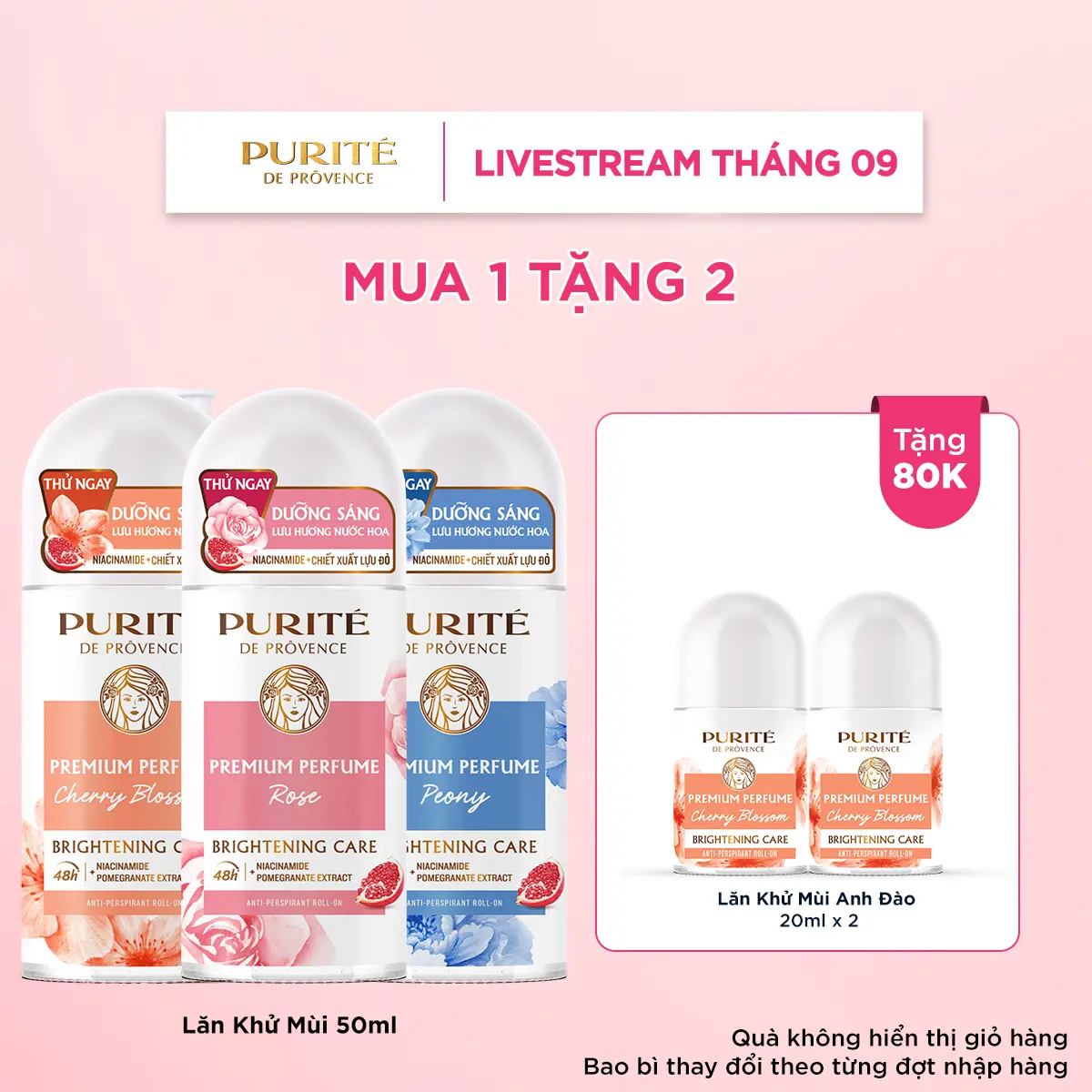 [COMBO MUA 1 TẶNG 2] Lăn Khử Mùi Dưỡng Sáng Hương Nước Hoa Cao Cấp Purité Hương Hoa Anh Đào / Hương Hoa Hồng / Hương Hoa Mẫu Đơn 50ML + Tặng 2 Lăn Khử Mùi Dưỡng Sáng Hương Nước Hoa Cao Cấp Purité Hương Hoa Anh Đào 20MLx2