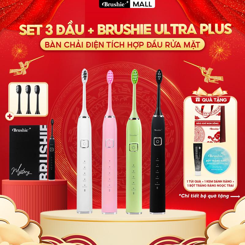 [SIÊU SALE] Combo Bàn chải điện Brushie Ultra Plus chính hãng tích hợp đầu rửa mặt hỗ trợ làm sạch hiệu quả và 3 đầu thay thế cùng màu [ Bảo hành 1000 NGÀY ] - TẶNG túi kháng chiến + kem đánh răng + bột trắng răng ngọc trai