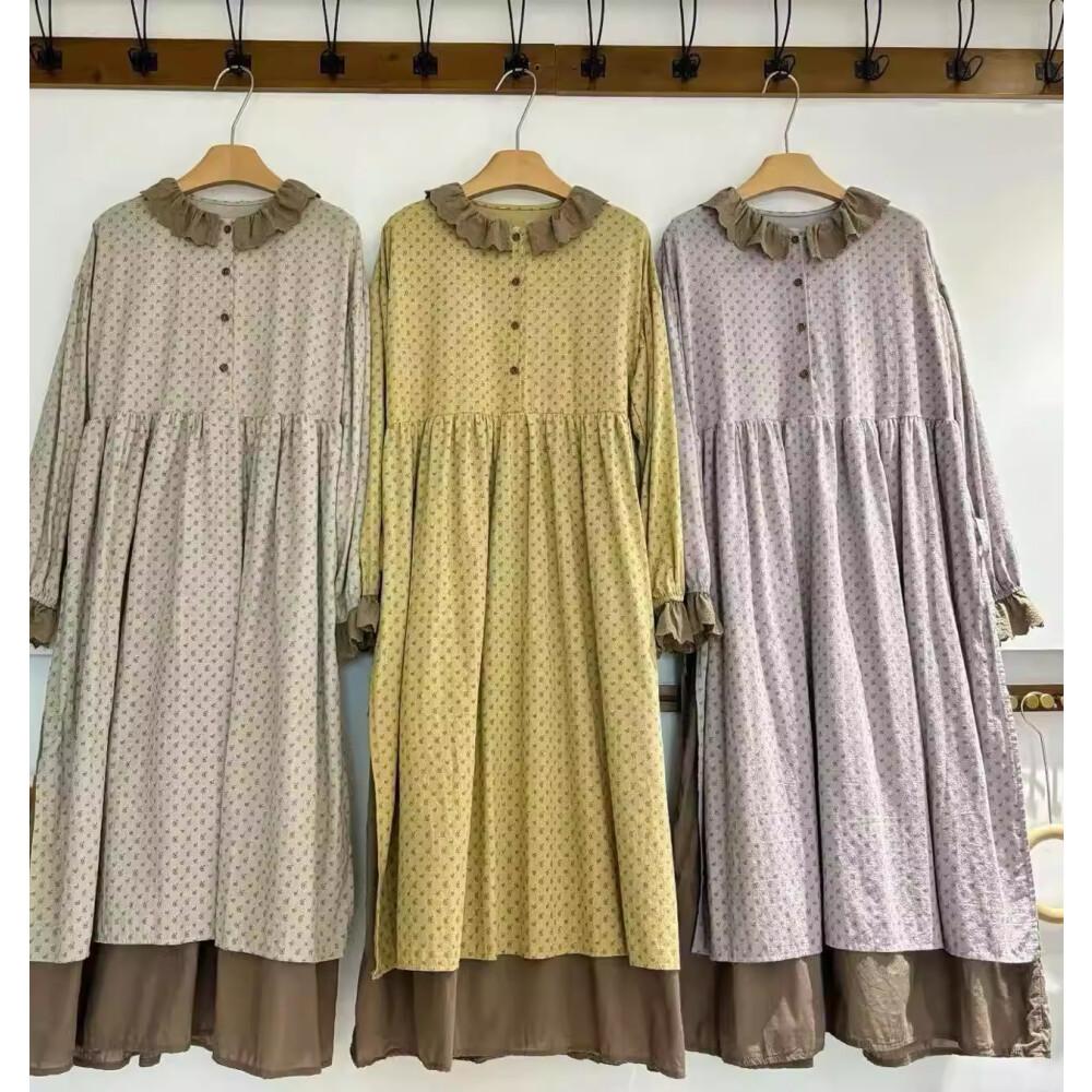 CHICMORE Gaun Manis Kerah Setengah Terbuka Bermotif Bunga Lengan Panjang