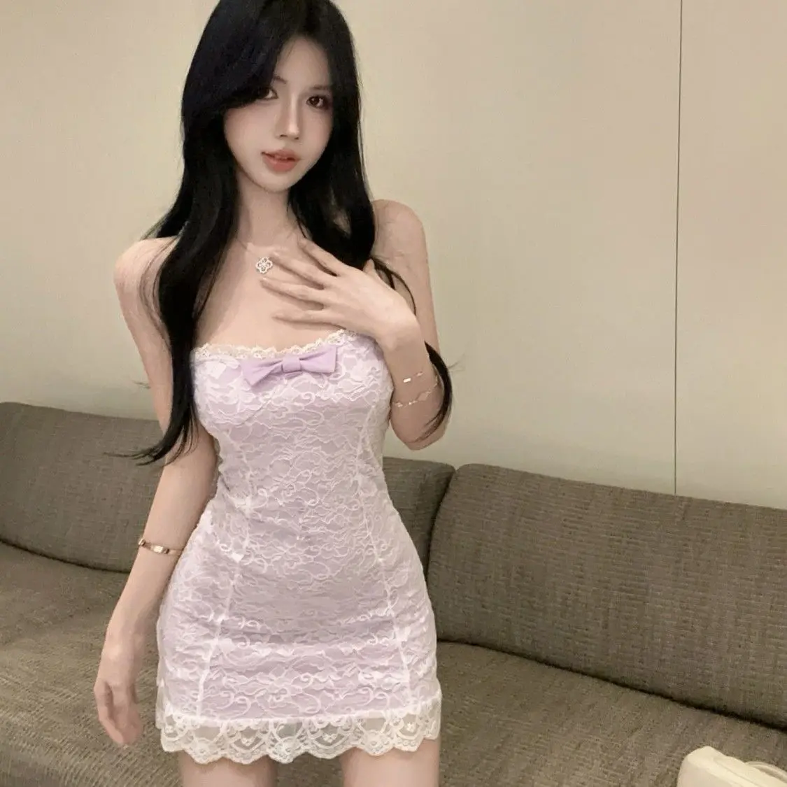 Váy Thêu Lưới Hai Lớp, Mỏng Vừa Vặn, Thời Trang Mùa Hè, Dành Cho Phụ Nữ, Dễ Thương Và Gợi Cảm, Viền Ren Ghép Nối, Váy Bodycon Voi Voan Dress Màu Hồng