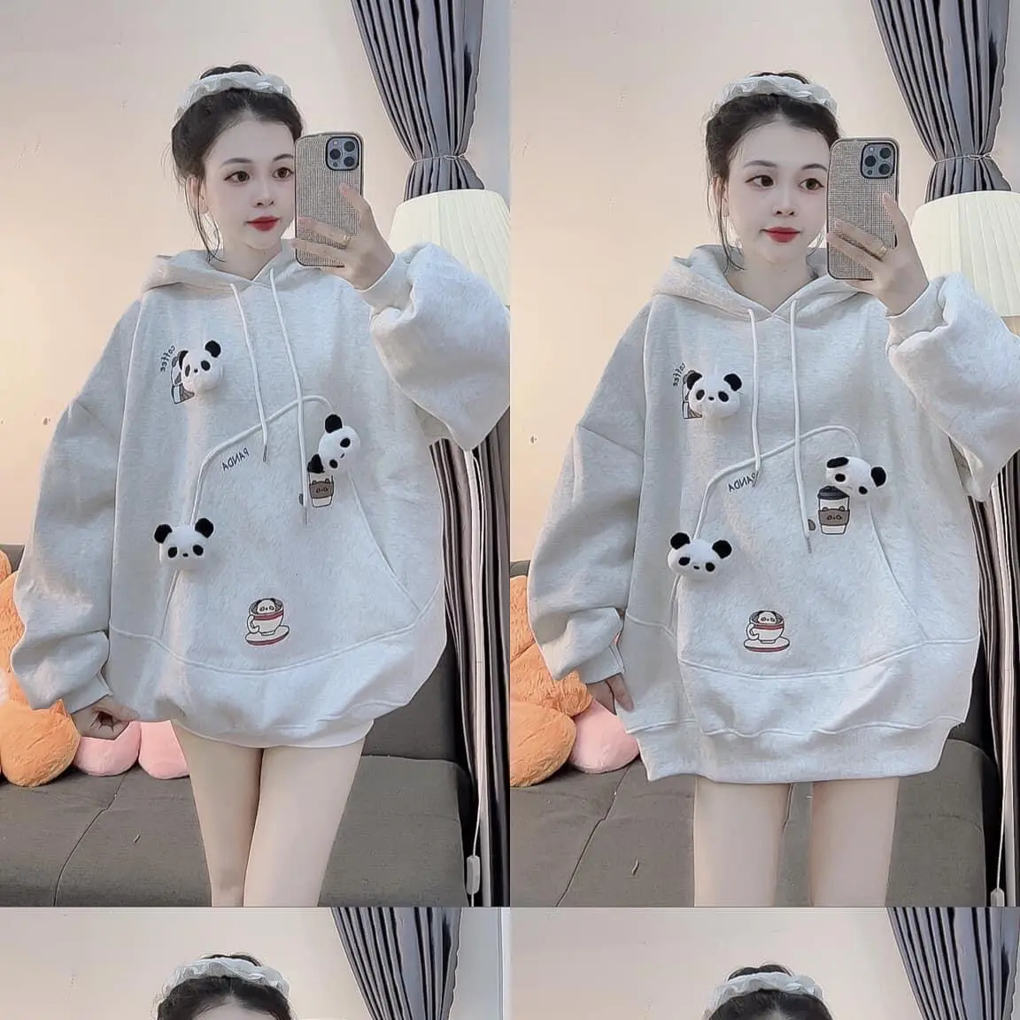 Áo hoodie form rộng tay bồng mũ hai lớp - Gấu trúc ( 1 áo + 1 stick )