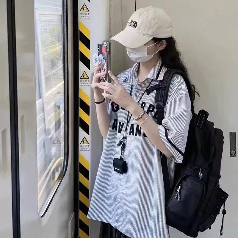 ￼Áo Sơ Mi Tay Ngắn SỌC Chữ Dáng Rộng Thời Trang Mùa Hè Phong Cách Hàn Quốc Cho Nữ