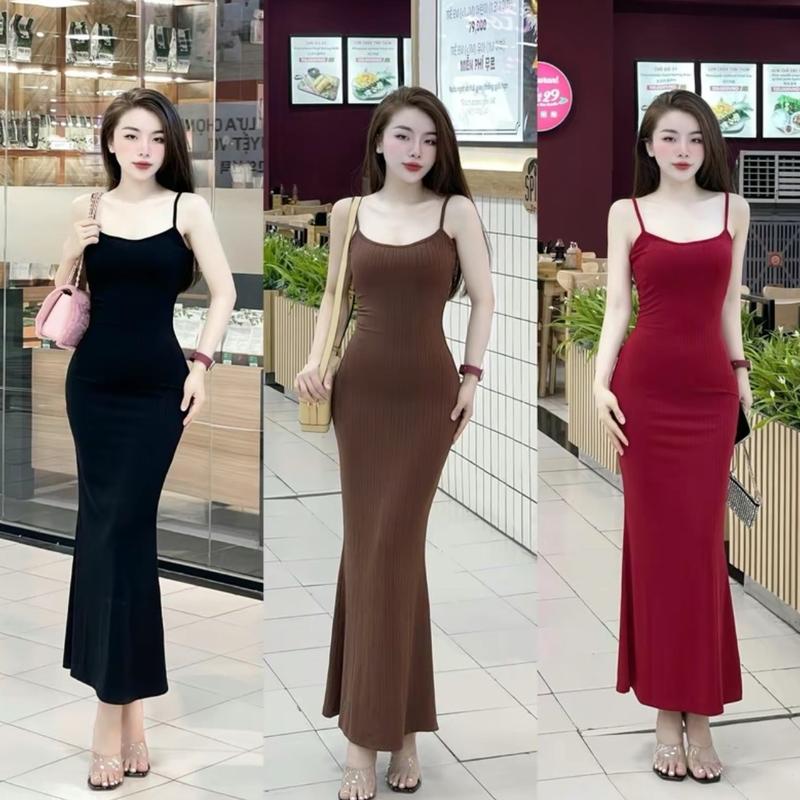 ￼Đầm body 2 dây dáng dài đuôi cá , Váy body nữ len gân tăm mềm mịn mát tôn dáng sexy mã hh05