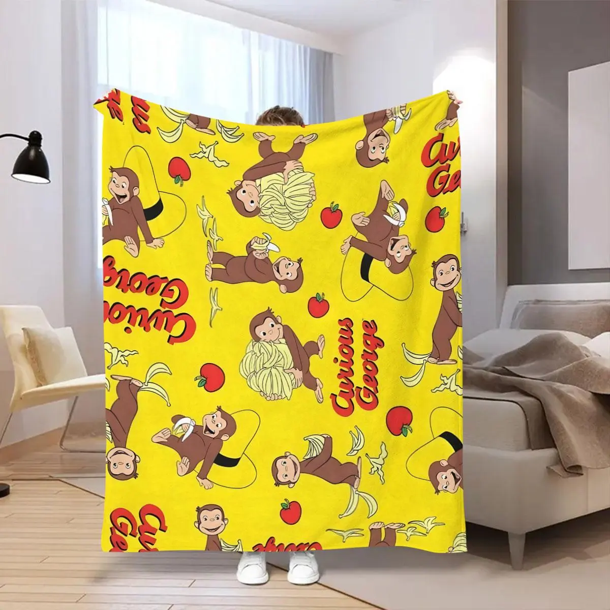Curious George Pattern Flannel Blanket, 1 Count Lightweight Warm Throw, Soft Napping Blanket for Home Office Travel Camping Dormitory