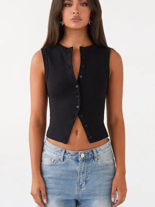Women's Solid Color Front Buckle Crop Vest, Casual Sleeveless Ribbed Crop Top for Summer Daily Wear, Ladies Clothes for All Seasons 2