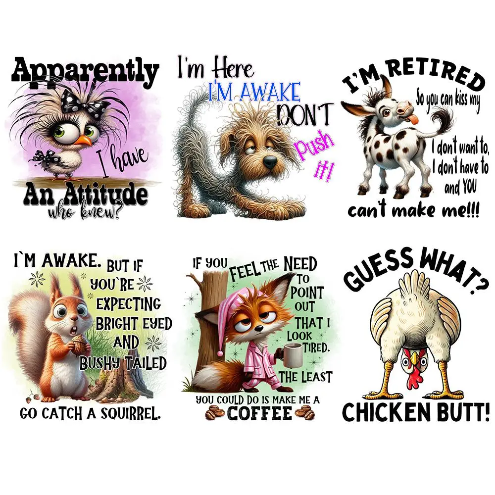 Cute Animal Funny Slogans Heat Transfer Decals, 6 Counts/set Washable Thermal Transfer Patches, Suitable for DIY T-shirts, Jeans, Masks, Backpacks, Hats, Pillows