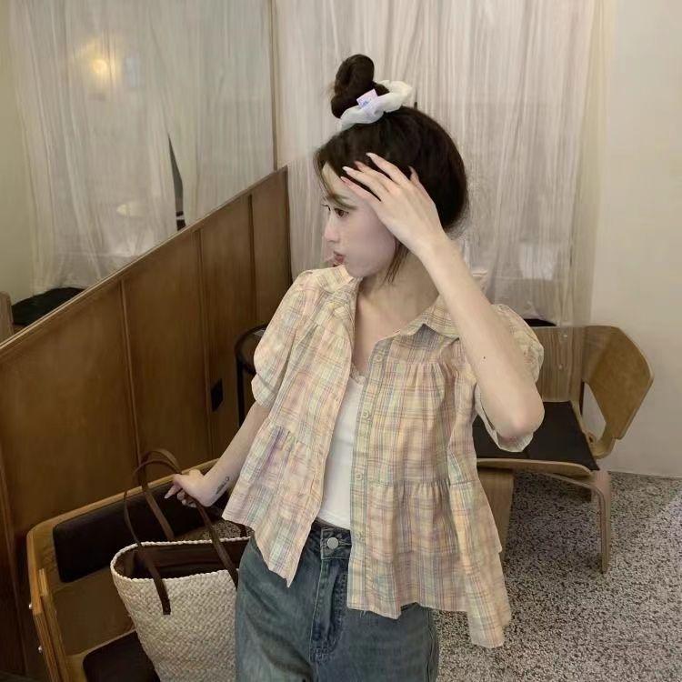 Áo Sơ Mi Kẻ Sọc, Phong Cách Mùa Hè, Nhỏ Và Ngọt Ngào, Cổ Búp Bê Rộng, Thiết Kế Đẹp Cho Bé Gái, Tay bồng Độc Đáo Áo Pháp Top Women Shirt 3