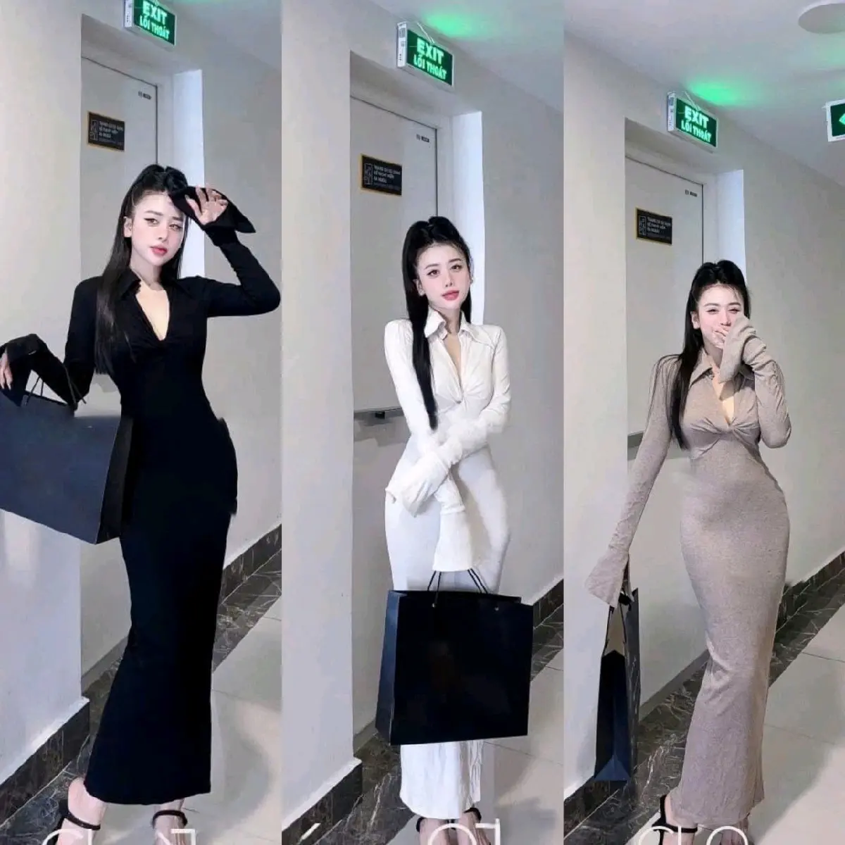 Đầm body tay dài cổ lá nhọn xoắn ngực  dáng dài sang chảnh  _ Chất thun ladong