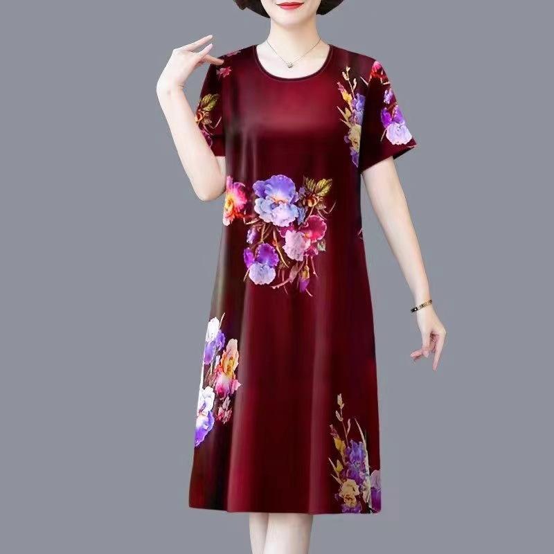 Váy Mùa Hè, Ngoại Cỡ, Cho Mẹ Trung Niên, Quá Gối, Vợ Và Mẹ TRUNG NIÊN Và CAO TUỔI, Váy ngắn Tay, Dáng Rộng Vừa Vặn, Thời Trang, Quần Áo Mùa Hè Nữ Women Dress Voan Đỏ 5