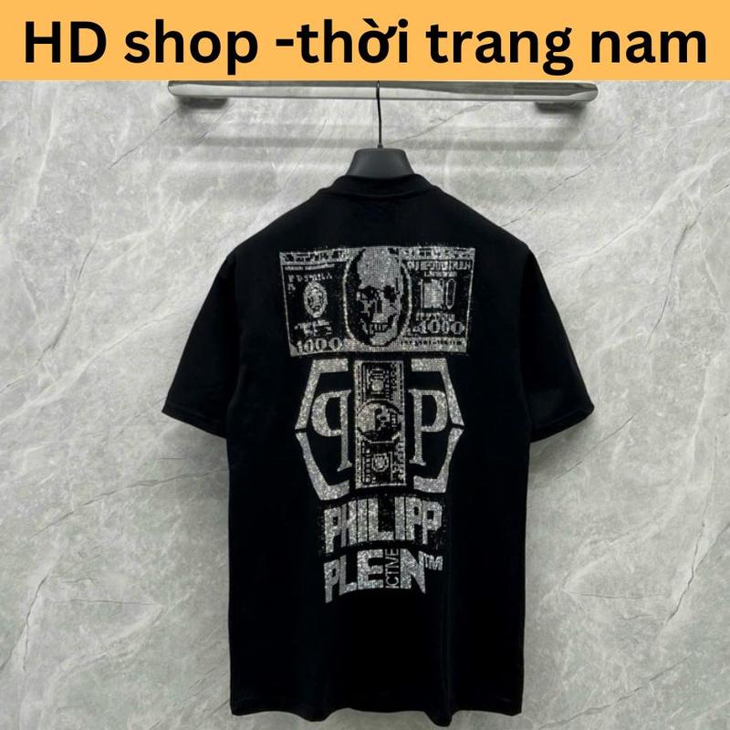 Áo Phông Nam Nữ Premium Cotton Philipp Plein Thêu Logo Kim Loại trước ngực in kim tuyến đô la boy phố2 màu đen trắng size từ M-2xl Menswear Cổ Tròn Nhung