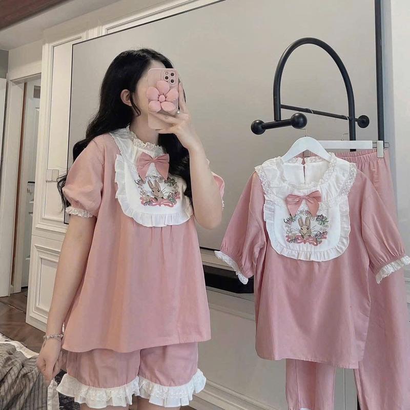 Bộ đồ ngủ pijama cộc tay thỏ yếm thô đũi cổ phối ren tiểu thư Women Nữ (< 60kg, < 1m67) Nhung Áo - Hồng - Voi, Nho 1
