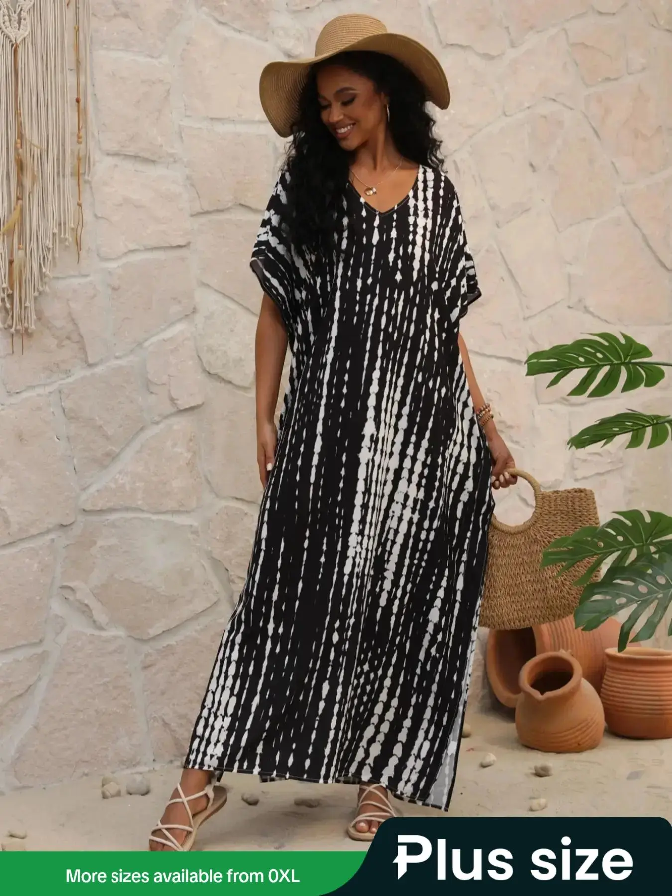 Plus Size All Over Print Batwing Sleeve Split Side V Neck Kaftan Dress, Boho Casual Long Dress for Beach Vacation Holiday, Women's Plus Clothing for Summer, Dresses Summer