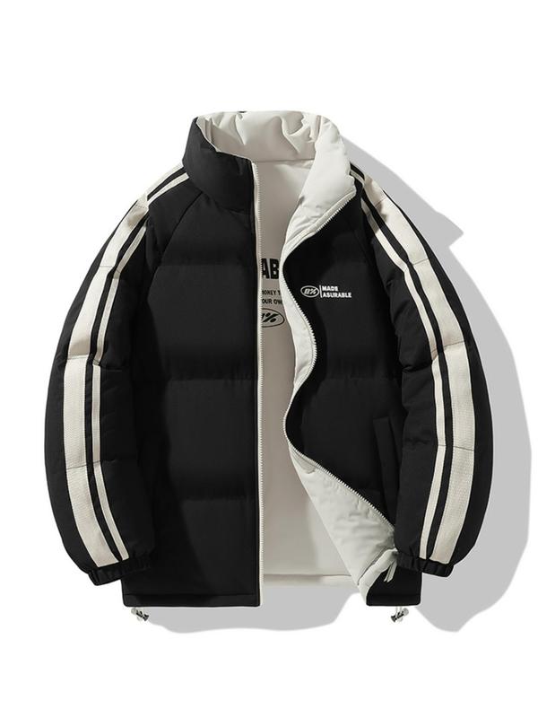 Men's Letter Print Side Stripe Double-sided Zip Up Jacket, Regular Fit Casual Pocket Long Sleeve Stand Collar Outerwear for Fall & Winter, Men's Clothes for Daily Wear 1