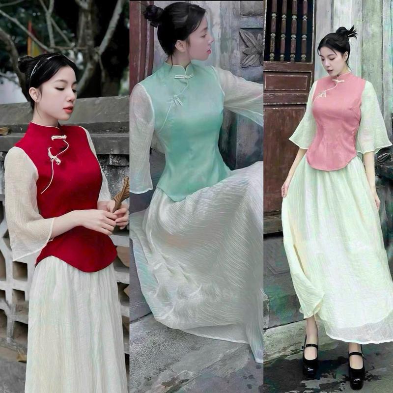 3Q483 Set Bộ Nữ Áo Cổ Tàu Mix Nút Mây Kèm Váy Tơ 2 Lớp (eo <78cm) Để Mặc Tết, Để Du Xuân, Đi Chơi, Chụp Ảnh Tết Women, Top