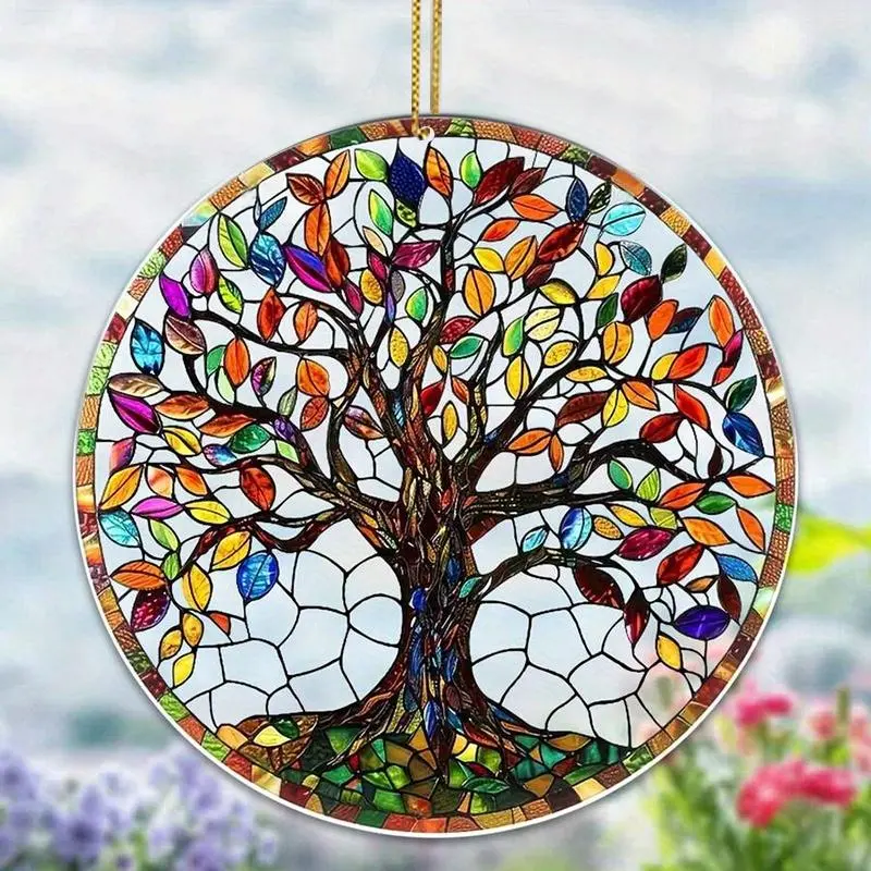 Colorful Tree Of Life Design Sun Catcher, Double Sided Decorative Pendant with Chain, Hanging Decor for Home Living Room Bedroom, Hangable 4