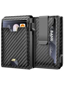 Tarjetero minimalista con patrón de fibra de carbono, Tarjetero de tarjetas de crédito de cuero fino, Cartera plegable con bloqueo RFID para hombre
