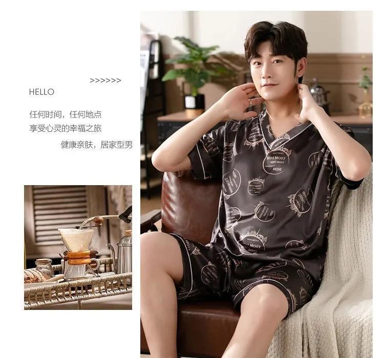 Product Introduction of Men's Pajamas Summer Fashion V-Neck Thin Ice Silk Short-Sleeved Shorts Nightie Two Piece 2024 New Boys Casual Sleepwear Nightie 40