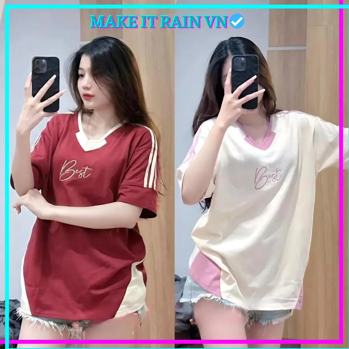 [Mua Áo Có Quà] Áo Thun Nam Nữ Raglan Best Thêu Make It Rain Vn, Áo Phông Unisex Form Rộng Cổ Tim