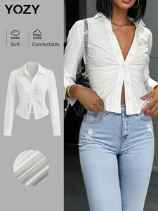 YOZY Women's Plain Ruched Button Front Shirt, Casual Long Sleeve Collared Top for Daily Wear, Ladies Clothes for All Seasons