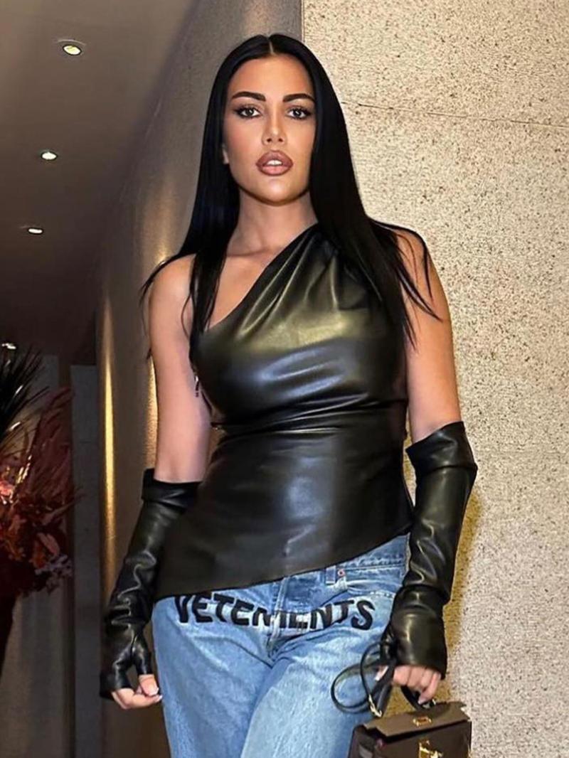 Product Introduction of Women's Solid Ruched Asymmetrical One Shoulder Pu Leather T-shirt with Gloves, Fashion Casual Zipper Side Sleeveless Top for Daily Outdoor Wear, Women Clothing for Spring & Fall Valentine's Day, Gift 8