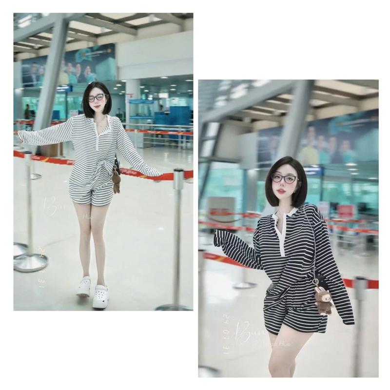 Set Bộ Nữ Áo Thun Kẻ Ngang Dài Tay Phối Quần Đùi-Chất Thun Tăm [Hot Trend] Women Top[A1]