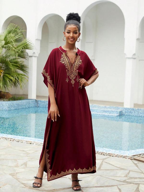 【Plus Size】Ethnic Pattern Split Hem Arabian Dress, Modesty Elegant Batwing Sleeve Notched Neck Long Dress, Holiday Dresses, Muslim Dresses for Women, Summer Kaftan Dress, Wedding Guest Dress, Plus Size Dresses 2