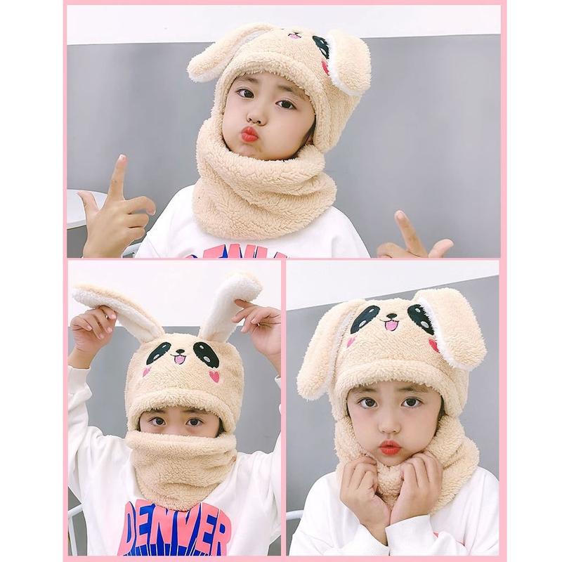 Product Introduction of Winter Cartoon Rabbit Coral Velvet Cap Plush Balaclava Kids Caps Double Fleece Warm Neck Cap Children 14