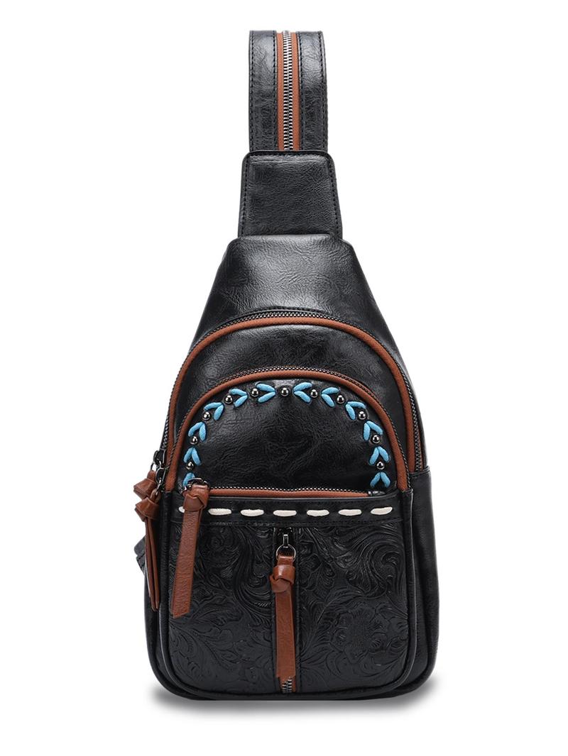 Product Introduction of Boho Style PU Leather Chest Bag, Fashionable Floral Pattern Embossed Backpack with Adjustable Strap, Casual Trendy Versatile High-quality Daily Commuting Bag 3