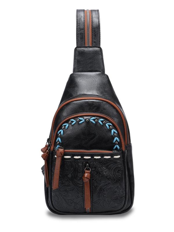 Boho Style PU Leather Chest Bag, Fashionable Floral Pattern Embossed Backpack with Adjustable Strap, Casual Trendy Versatile High-quality Daily Commuting Bag 3