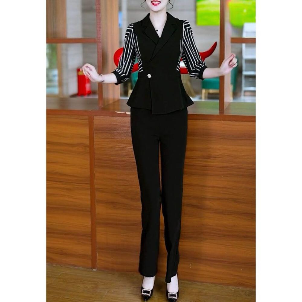 [clearance]FADFAD Setelan wanita atasan lengan tiga perempat dengan erah v neck dan celana panjang warna solid gaya casual