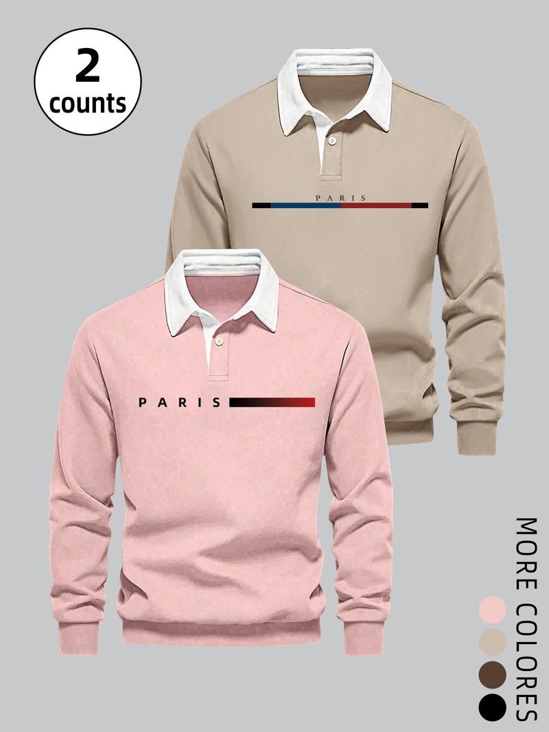 Product Introduction of Men's   Letter Print   Polo Shirt, Casual Regular Fit Long Sleeve Top for Fall & Winter, Men's Clothes for Daily Wear 5