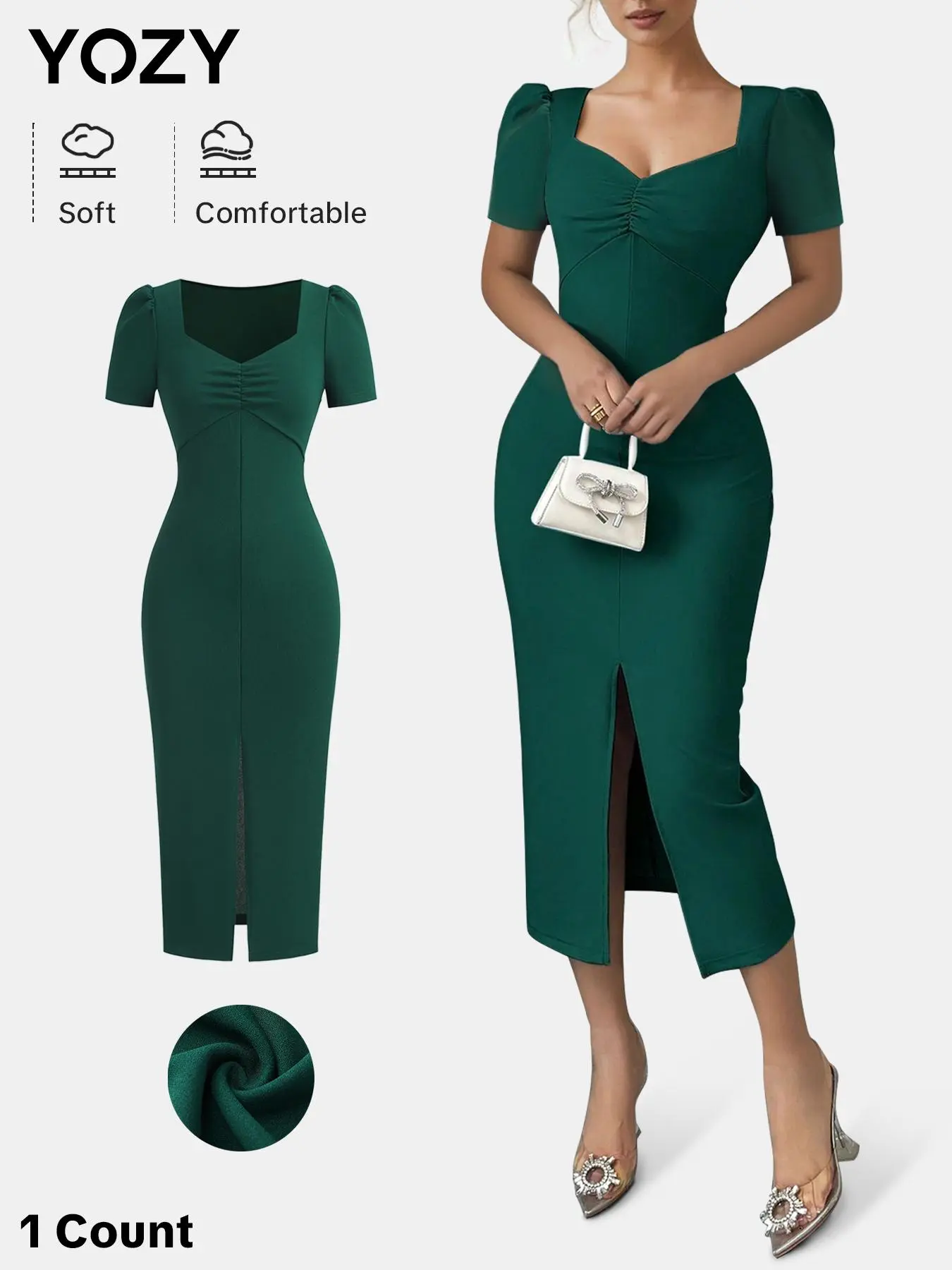YOZY Women's Plain Ruched Split Hem Dress, Elegant S Midi Dress for Party Dating Wear, Ladies Clothes for All Seasons
