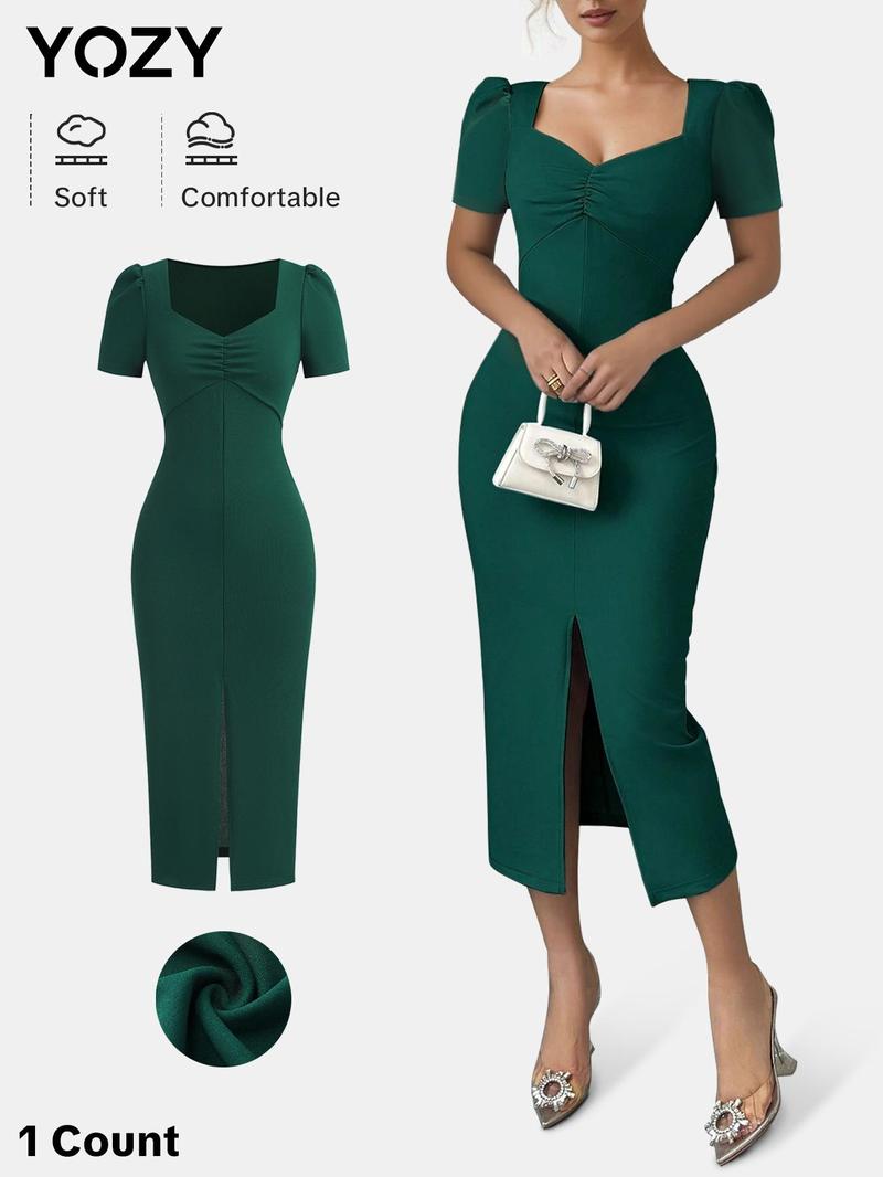 Product Introduction of YOZY Women's Plain Ruched Split Hem Dress, Elegant S Midi Dress for Party Dating Wear, Ladies Clothes for All Seasons 12