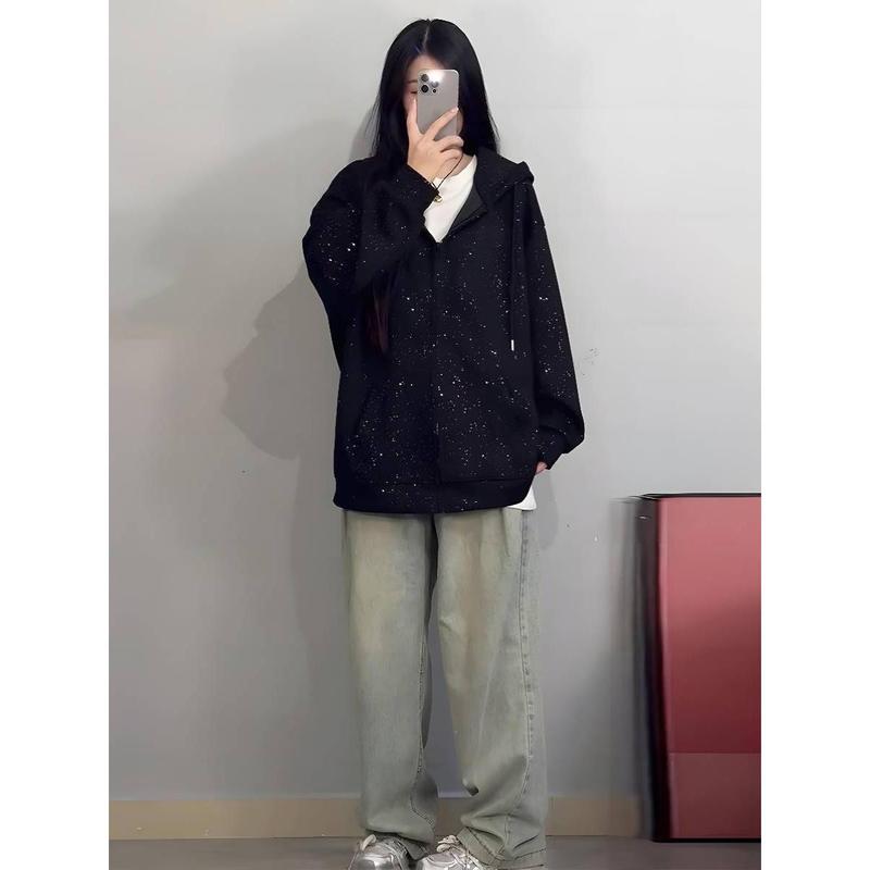 Áo Khoác Len Cardigan Có Khóa Kéo Có Mũ Trùm Đầu, Dành Cho Nữ, Dáng Rộng Vừa Vặn, Mùa Thu Và Mùa Đông, Phong Cách Thông Dụng Lót Lông Cừu, Hàng Mới Về 2024, Áo Sáng Bóng 5