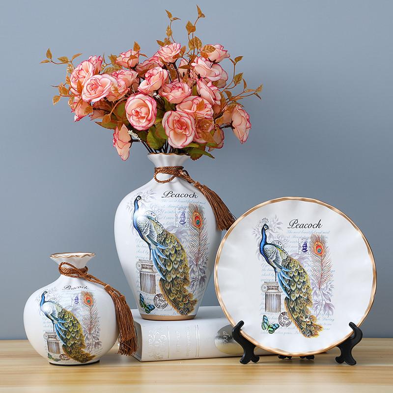 BỘ BÌNH GỐM KÈM HOA Hai Bình và đĩa Trang trí phòng khách Lọ Hoa Decor