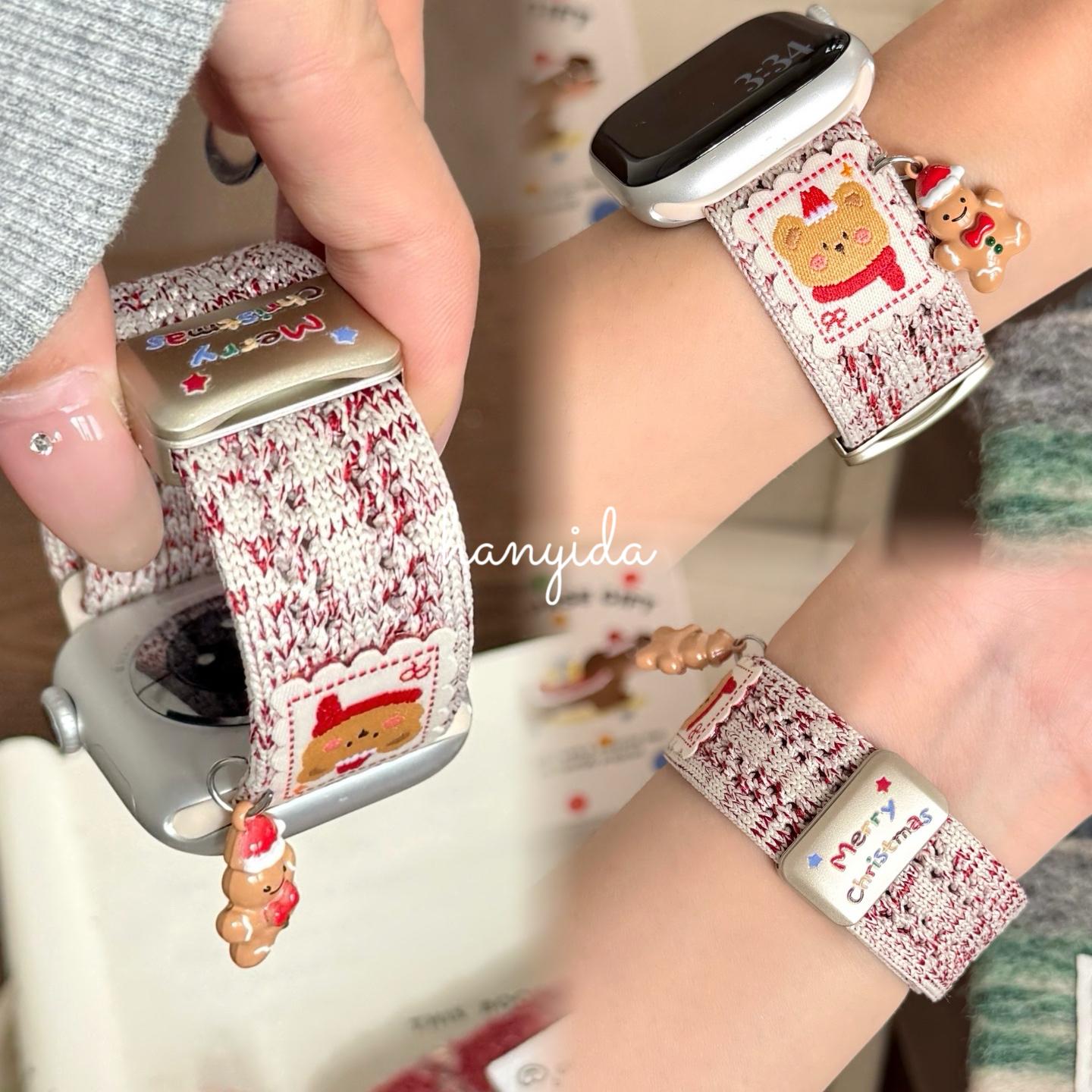 Cute Cartoon Christmas Snowman Bear Braided Magnetic Strap for I series11 S10 987654321 , SE3, SE2, 