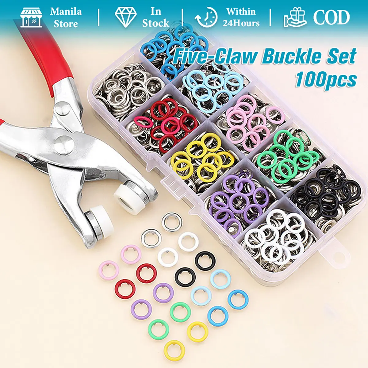 100Pcs Snap Fasteners Tool Kit Hollow Metal Five Claw Snaps Buttons with Press Tool,for Sewing