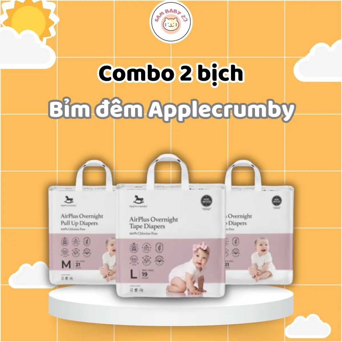 [COMBO 2 BỊCH] Bỉm tã ĐÊM Applecrumby Airplus Mini Mẫu mới SIÊU KHÔ THOÁNG Cho bé đóng đêm dài