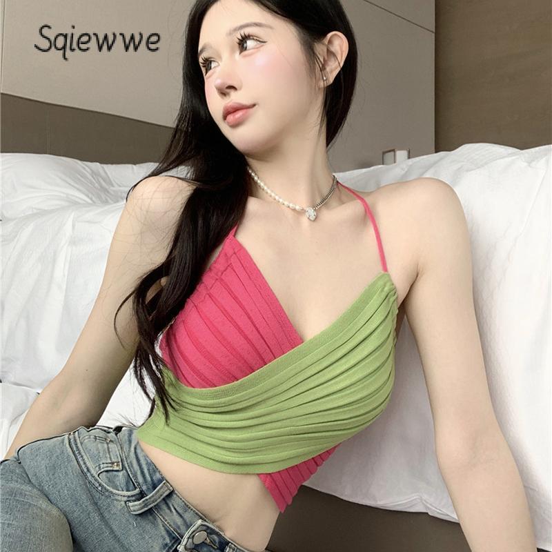 Product Introduction of Women Crop Halter Tops Contrast Color Ruched Backless Shirts Summer Sleeveless Vest for Streetwear Aesthetic Clothes 35