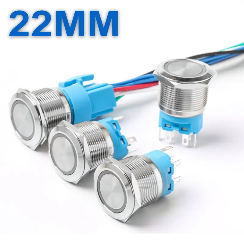 Nút Kim loại nhấn Tự nhả 22mm, Ấn Tự phục hồi có LED 3V-6V, 12-24V, 110-220V 0