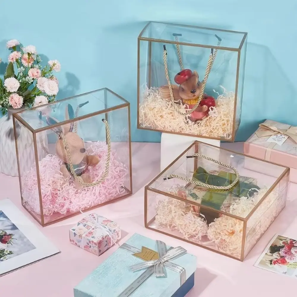 2pcs High Quality Transparent Plastic Candy Box PVC Floral Arrangements Gift Package Box with Handles Souvenir Tote Present Bag Storage Supplies